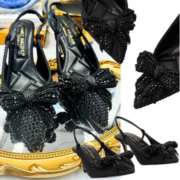 🆕 KURT GEIGER LONDON 🧿 NWOT Belgravia Bow Crystal Slingback Heels - Sz 37 - Picture 1 of 16